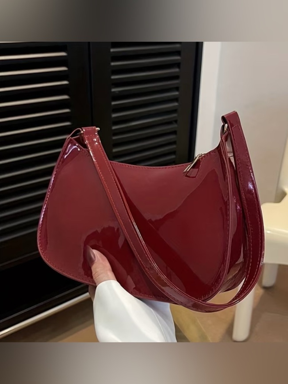 Patent Crescent Shoulder Bag in Deep Burgundy